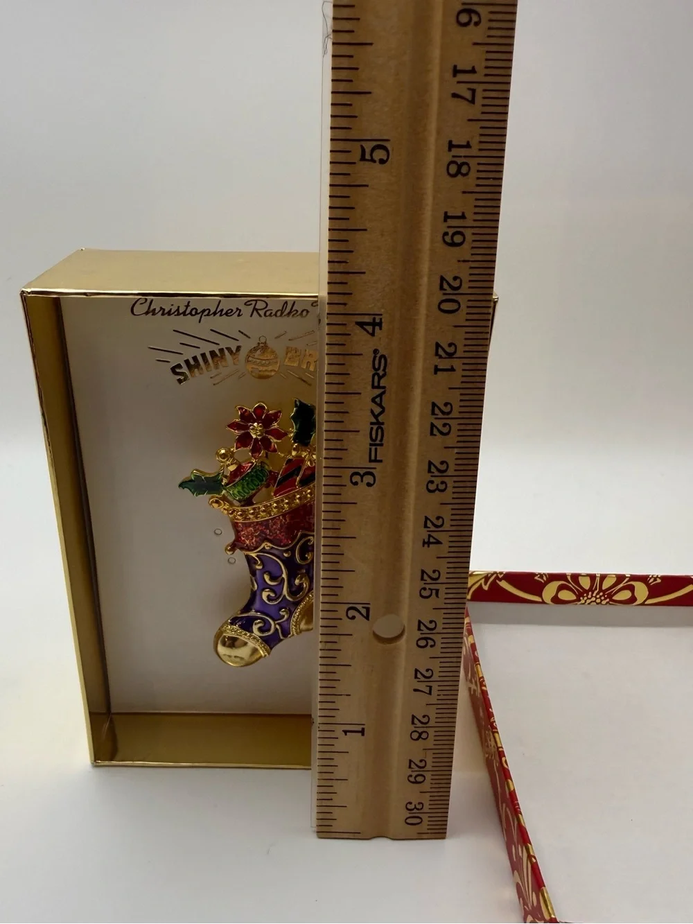 Christopher Radko Shiny Brite Christmas Stocking Enamel Brooch Pin 3in